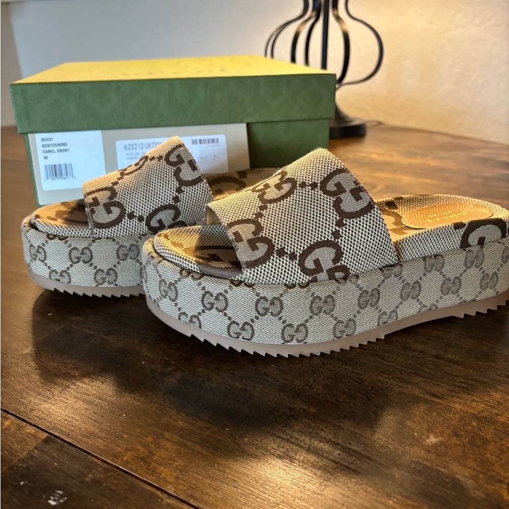 Gucci Beige Brown GG Canvas Platform Slide Sandals